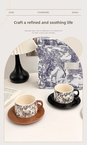Detailed close-up of retro ceramic coffee cups and saucers with vintage deer illustrations