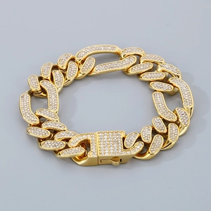 Detailed close-up of iced-out gold Cuban link chain with sparkling pavé crystals