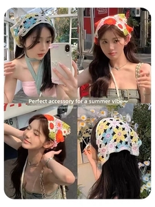 Detail of floral crochet triangle bandana with colorful knit patterns for summer wear