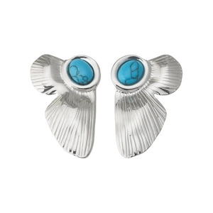 Minimalist silver stainless steel wing earrings with oval blue turquoise stones