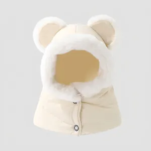 Detail of warm kids bear ear hat with fleece lining and buttons in cream white