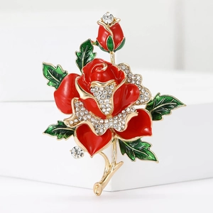 Elegant red enamel rose brooch in gold finish with sparkling rhinestones for women