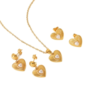 Elegant 18k gold plated heart necklace and pearl earring jewelry set on white background