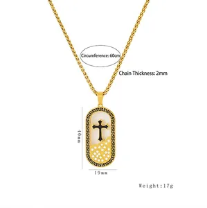 18K gold plated stainless steel cross necklace with wheat chain and oval pendant