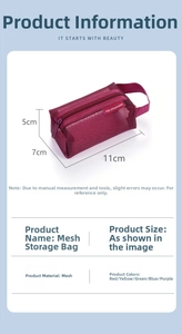 Macro detail of wine red mesh storage bag showing 11x7x5cm size specifications