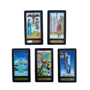 Detail of five classic Rider-Waite tarot cards showing vivid colors on a white background
