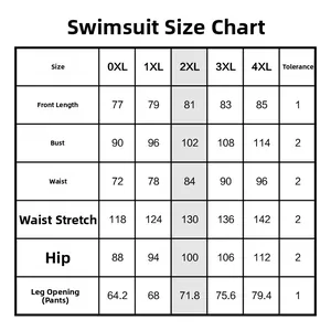 Detailed size chart for plus size swimwear from 0XL to 4XL with measurement guide