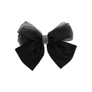 Elegant double-layered black mesh and satin bow hair clip with sparkling rhinestone center