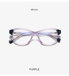 Front view of stylish transparent purple PC eyeglass frames with retro square design