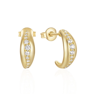 Close-up of golden C-shaped hoop earrings with sparkling cubic zirconia on white base
