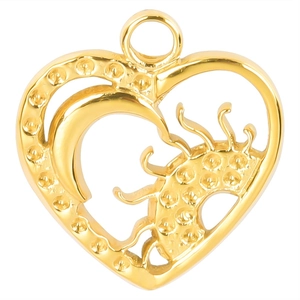 Golden stainless steel heart pendant necklace with hollow sun and moon celestial motifs