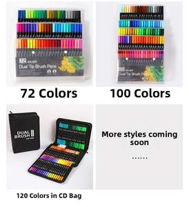 Dual tip watercolor brush pen sets in 72, 100, and 120 colors with portable storage cases