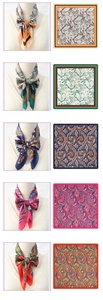 Detail view of five luxury silk-like scarves with vintage chain and horse paisley patterns