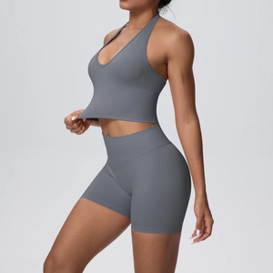 Detail showing the high-elasticity ribbed fabric of this dark grey yoga sports set