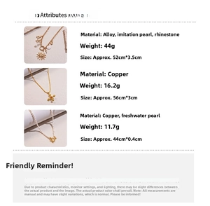 Detailed specifications showing material and size for three layered pearl necklaces