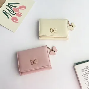 Women Small Wallet PU Leather Butterfly Decor Tri Fold Multi Card Slots Sweet Cute Coin Purse With Charm