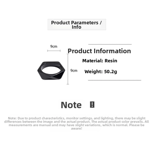 Detail of minimalist black resin geometric bangle showing 9cm dimensions and 50.2g weight