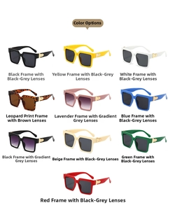 Detail view of square oversized sunglasses with gold metal hinges in multiple color options