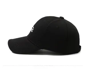 Detail of white embroidery and breathable fabric on a black outdoor baseball cap