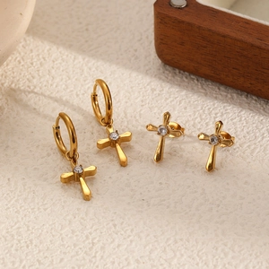 Vintage Cross Earrings For Women Stainless Steel 18K Gold Plated Rhinestone Zircon Stud Hoop Jewelry Ins Style