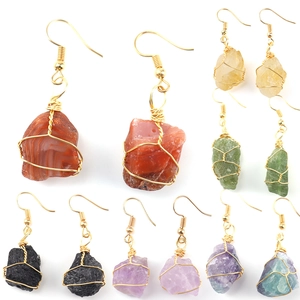 Handmade Gold Wire Wrapped Natural Raw Gemstone Dangle Earrings With Stainless Steel Earring Post Bohemian Women Jewelry