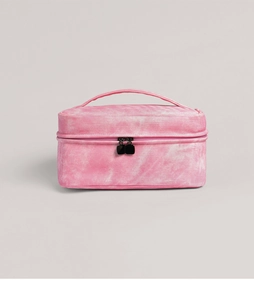 Pink tie-dye cosmetic bag with durable top handle and smooth double zipper design