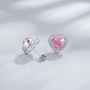 Boucles d'oreilles cœur en argent 925 avec zircons roses étincelants pour femme