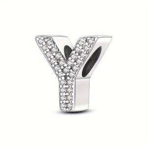 Detail of silver letter Y charm with micro-pave clear zircons for DIY jewelry