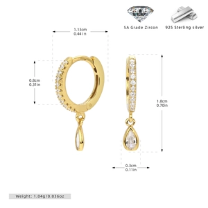 Detailed size specifications for gold S925 silver teardrop earrings with cubic zirconia