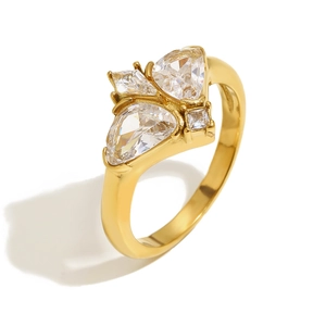 Elegant 18K gold plated stainless steel ring with butterfly shaped zirconia stones