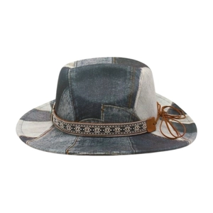 Vintage patchwork denim cowboy hat with ethnic style ribbon and brown leather strap