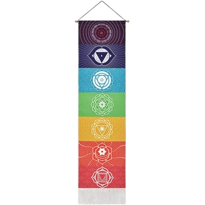 Chakra tapestry wall hanging with colorful vertical mandala symbols and white tassels