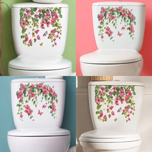 Watercolor Pink Flower Butterfly Toilet Lid Stickers PVC Self Adhesive Removable Bathroom Wall Decals Decor
