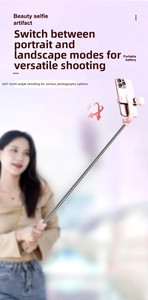 Detail of pink selfie stick with 360-degree rotation and portable battery feature