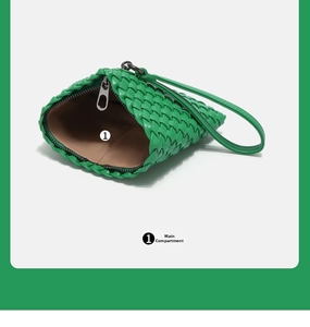 Detailed interior view of a bright green woven coin purse showing the main pocket space