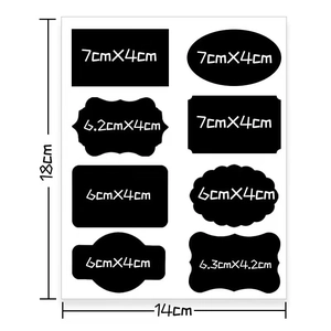 Detailed dimension guide for waterproof PVC chalkboard label stickers in various shapes