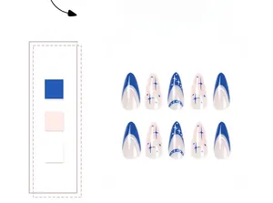 Detail view of long almond press-on nails with blue French tips and white star patterns