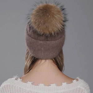 Women's winter cable knit rabbit fur beanie with fluffy raccoon fur pompom in brown