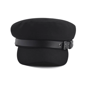 Detailed view of black cotton baker boy hat with leather strap and silver buckle