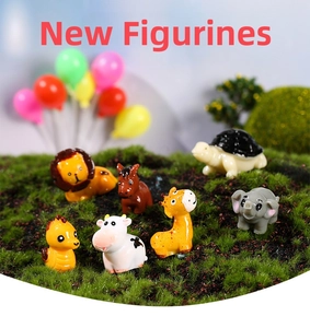Detailed set of seven miniature resin animals including a lion, elephant, and giraffe figures