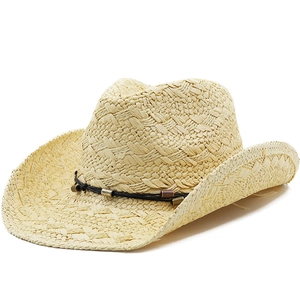 Western Cowboy Hat Paper Straw Wide Brim Beaded Band Summer Beach Sun Protection Vintage Fedora For Women Men
