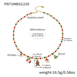 Vue technique du collier de perles en acier inoxydable avec charmes de Noël colorés