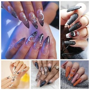 Halloween Spooky Press On Nails Long Coffin Stiletto Pumpkin Spider Web Design Acrylic Party Gothic False Nails