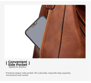 Detail view of brown leather tote side pocket with smartphone for size reference