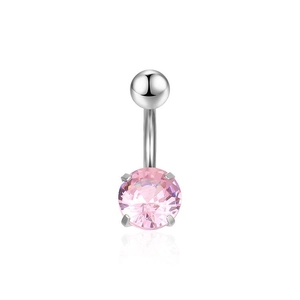 Surgical steel belly ring with round pink zircon gemstone on a clean white background