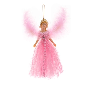 Detail of pink Christmas angel ornament with feather wings and beaded gauze dress