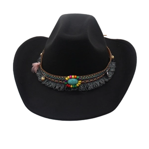 Classic black wool felt western cowboy hat with colorful bohemian beaded band and turquoise