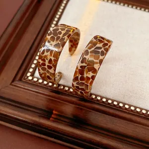 Vintage Round C Hoop Earrings With Tortoise Shell Leopard Print Acetate And Silver Earring Post For Women Fashion