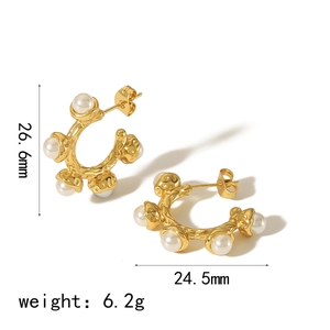 Gold C-shaped stainless steel earrings with textured finish and pearl inlay design