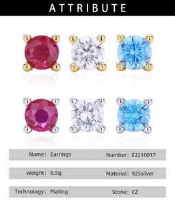 Detail view of 925 sterling silver stud earrings set with CZ stones in three colors
